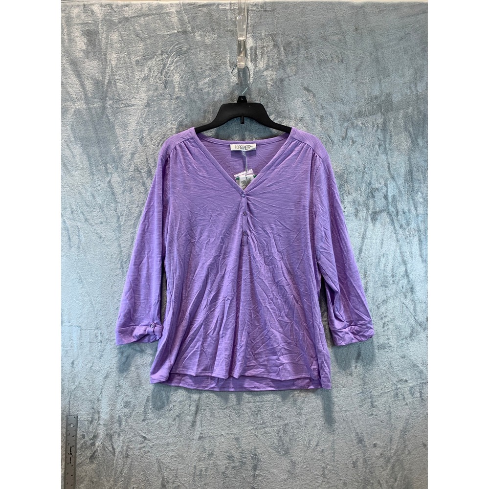 Kasper Womens Lavender Mist V-Neck 3/4 Sleeve Slub Knit Top Large 10934629-G98